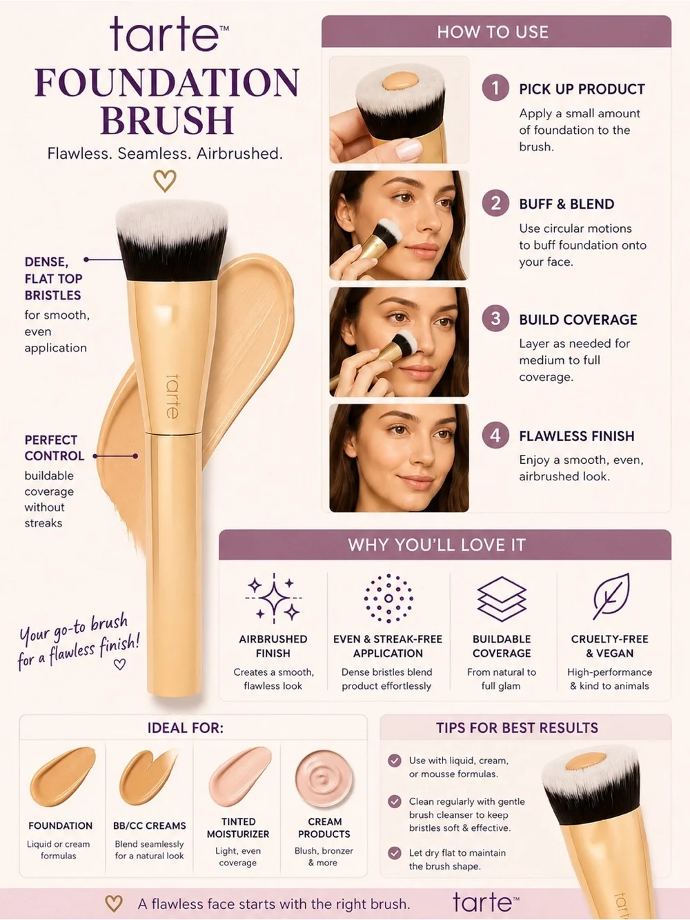 NIB Tarte Double Duty Beauty Air Lift Makeup Brush Gold Handle